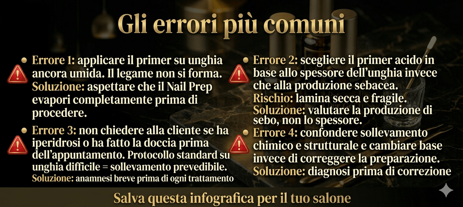 Infografica "Gli errori più comuni" con 4 errori di protocollo relativi al pH dell'unghia e all'adesione del gel su unghie difficili, con soluzione per ciascuno